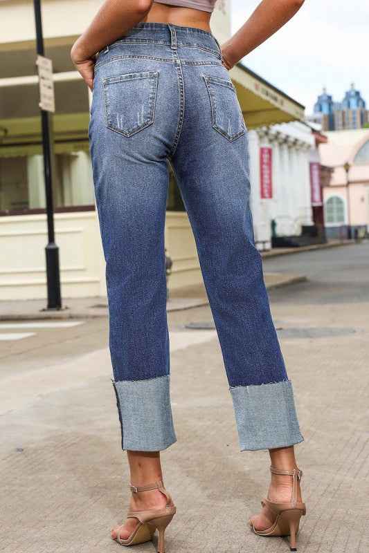 Denim High Waist Distressed Straight Leg Jeans