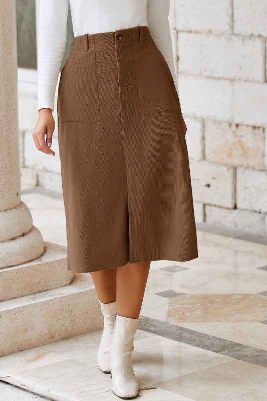 Solid High Waist Front-Slit Midi Skirt
