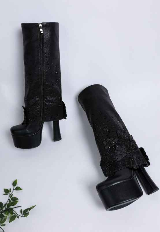 Sundra Floral Applique Platform Heeled Boots