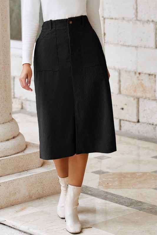 Solid High Waist Front-Slit Midi Skirt