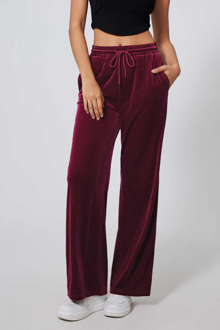 Burgundy Solid Drawstring Waist Wide Leg Pants Dear-Lover Dropshipping