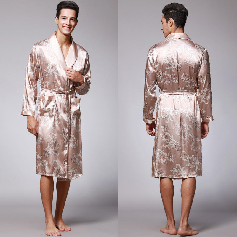 Nightgown Silk Ice Silk Men's Pajamas Men's Long Sleeve Nightgown Bathrobes Home Clothing eprolo