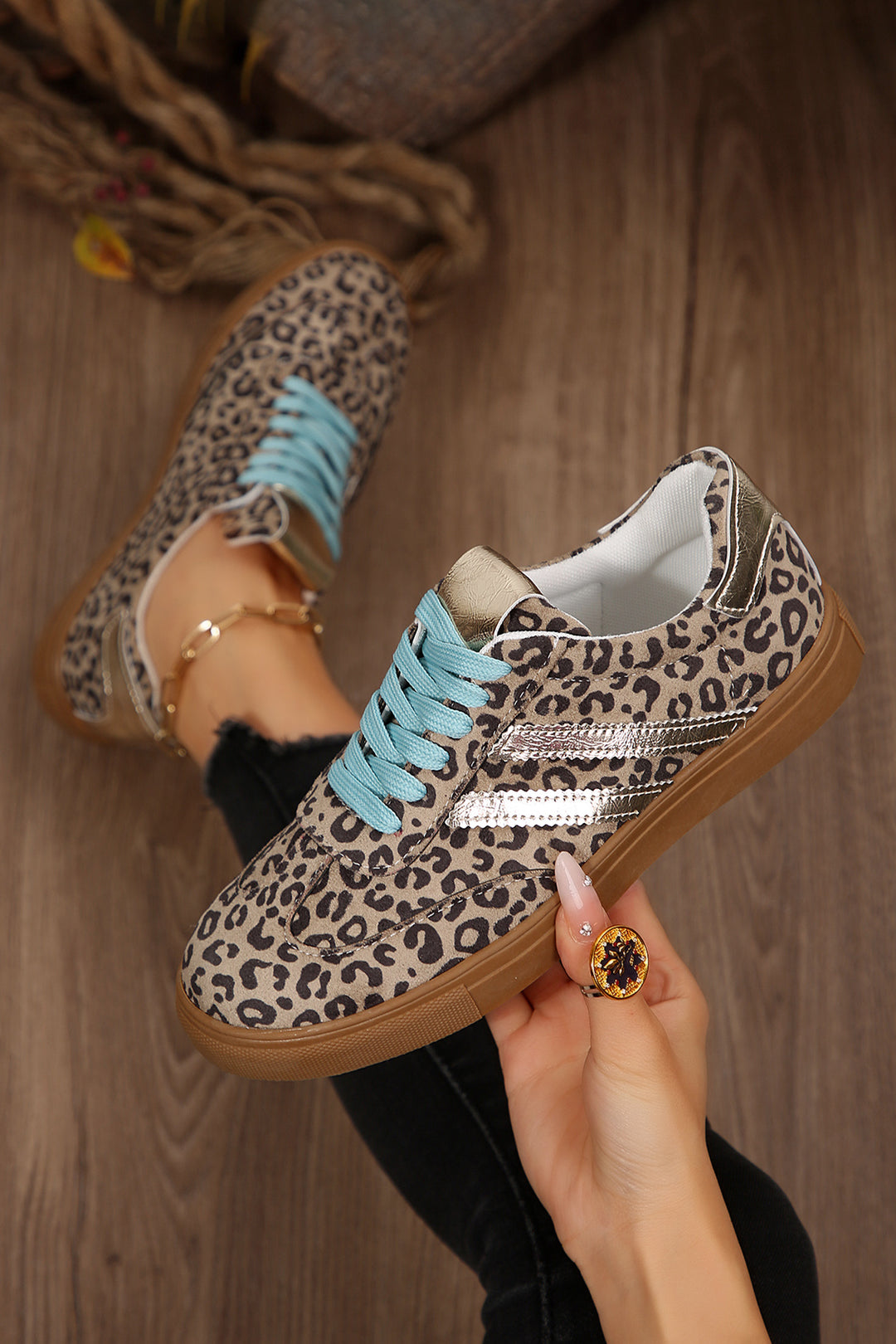 Coffee Faux Suede Leopard Print Sleek PU Leather Detail Lace Up Sneakers Dear-Lover Dropshipping