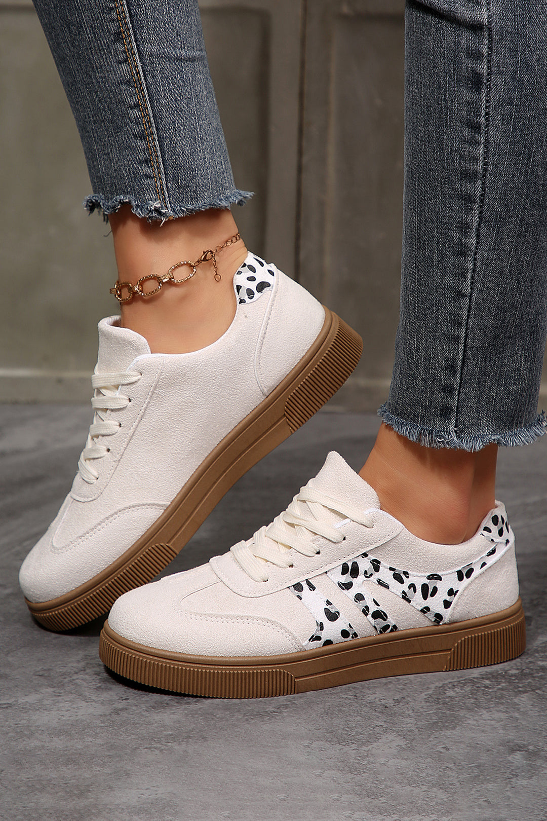 White Suede Leopard Color Block Trim Lace-up Casual Shoes Dear-Lover Dropshipping