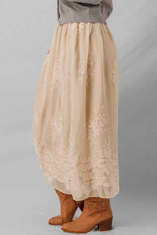 Solid Embroidered Mesh Overlay Midi Skirt