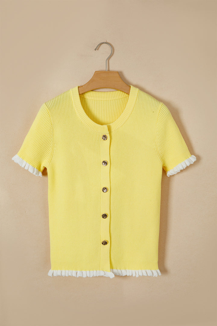 Yellow Cream Ribbed Knit Contrast Frilled Short Sleeve Sweater Cardigan Dear-Lover Dropshipping