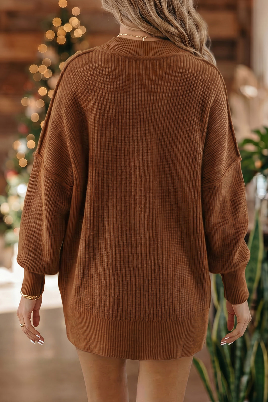 Chestnut Solid Color Mock Neck Oversized Tunic Sweater Dear-Lover Dropshipping