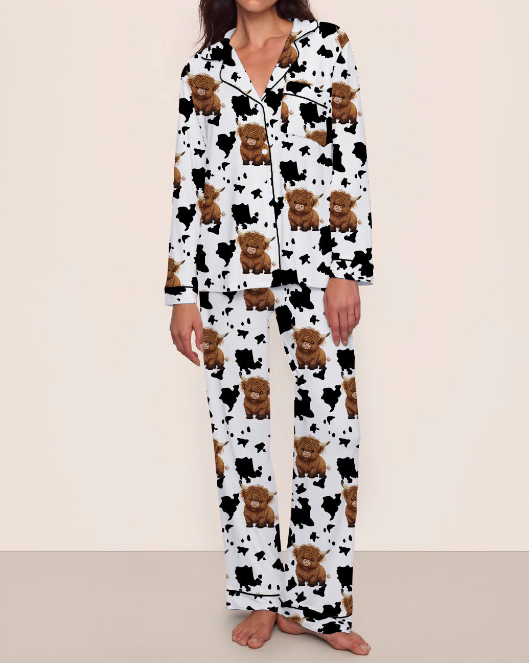 Comfortable Brown Cow Print Milk Silk Long Sleeve Long Pants Pajamas for Women, Cozy Home Wear Set eprolo