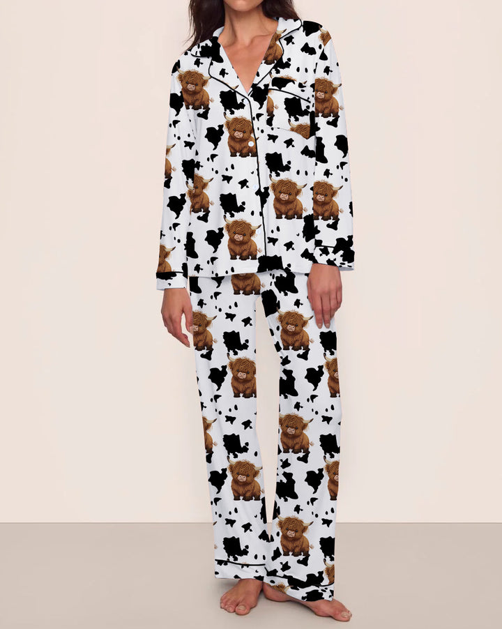 Comfortable Brown Cow Print Milk Silk Long Sleeve Long Pants Pajamas for Women, Cozy Home Wear Set eprolo
