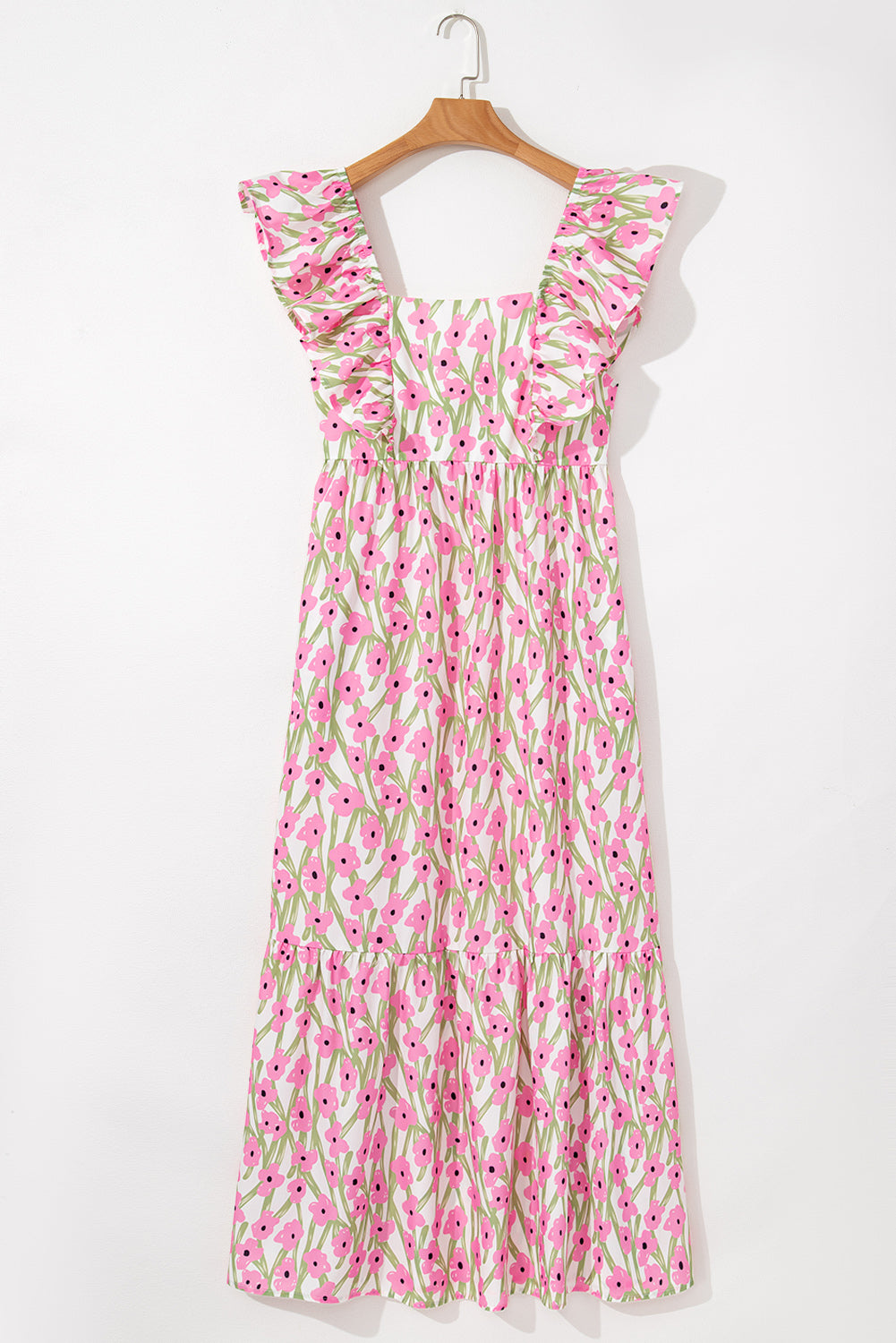 Pink Floral Print Square Neck Ruffled Strap Maxi Dress Dear-Lover Dropshipping