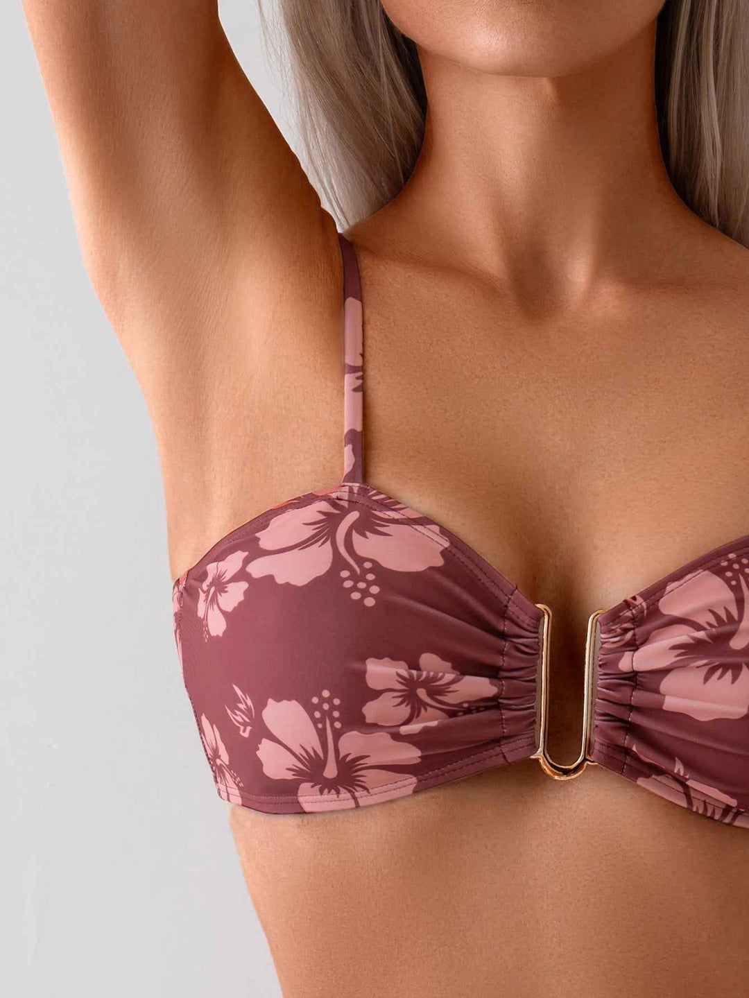 Women's Hibiscus Print Bandeau Bikini Set, Gold U-Ring Front Top & High Cut Bottom, 2 Piece Tropical Swimsuit