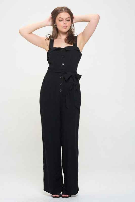 SLEEVELESS ADJUSTABLE STRAP BUTTON DOWN JUMPSUIT