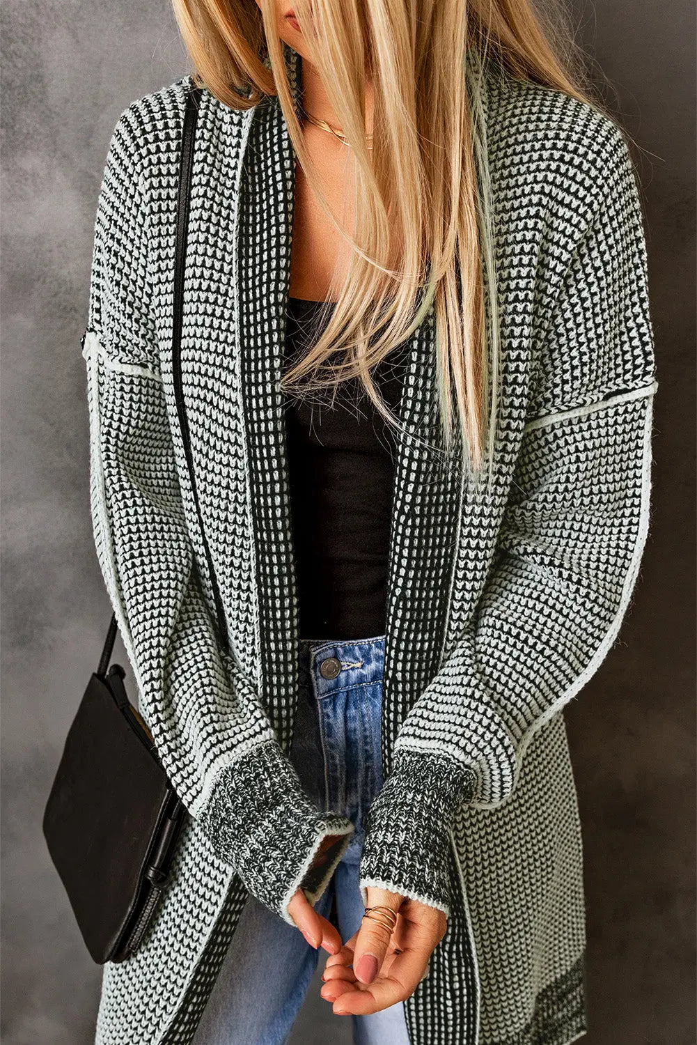 Gray Plaid Knitted Long Open Front Cardigan Dear-Lover Dropshipping