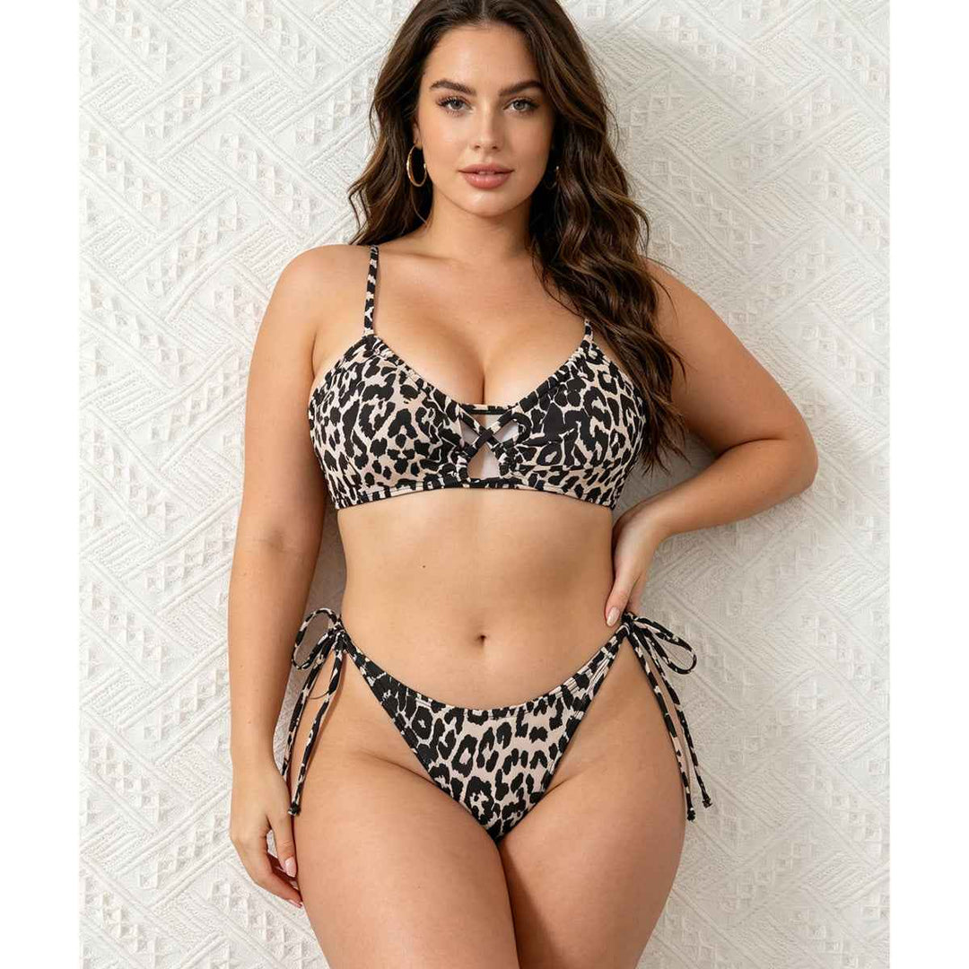 Women's Leopard Print Bralette Bikini Set, Crisscross Cutout Top & Tie Side High Cut Bottom, 2 Piece Swimsuit