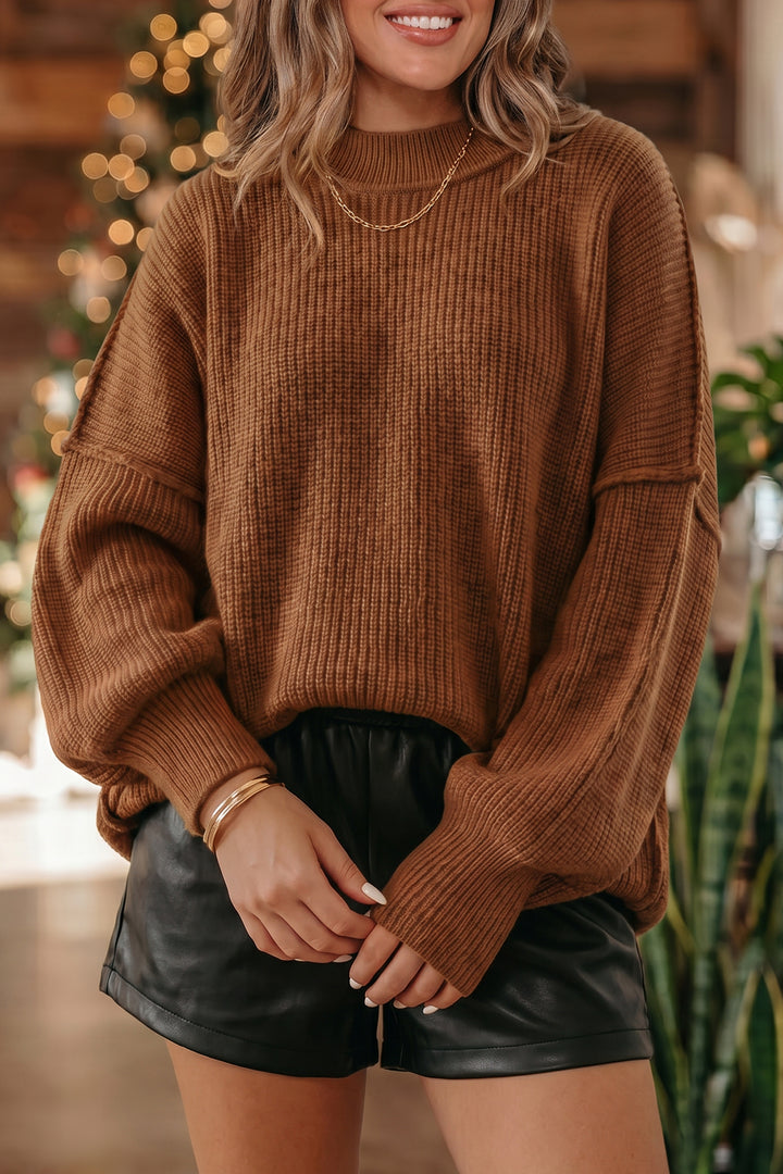 Chestnut Solid Color Mock Neck Oversized Tunic Sweater Dear-Lover Dropshipping