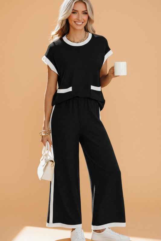 Colorblock Pocket Shirt & Wide Leg Pants Set