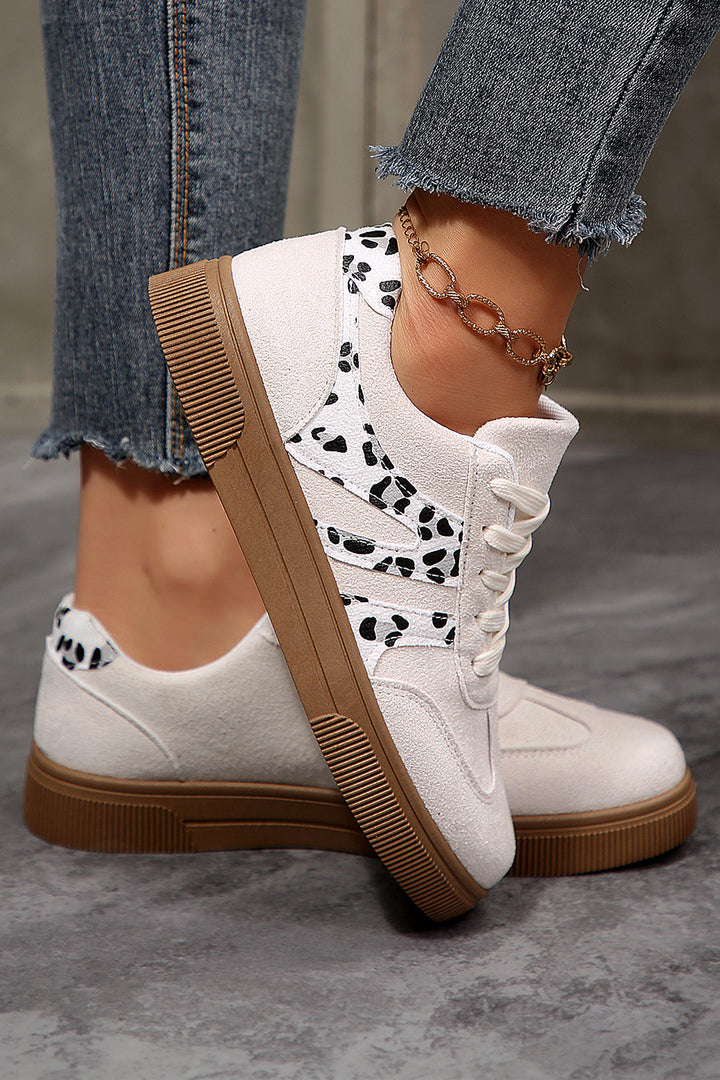 White Suede Leopard Color Block Trim Lace-up Casual Shoes Dear-Lover Dropshipping