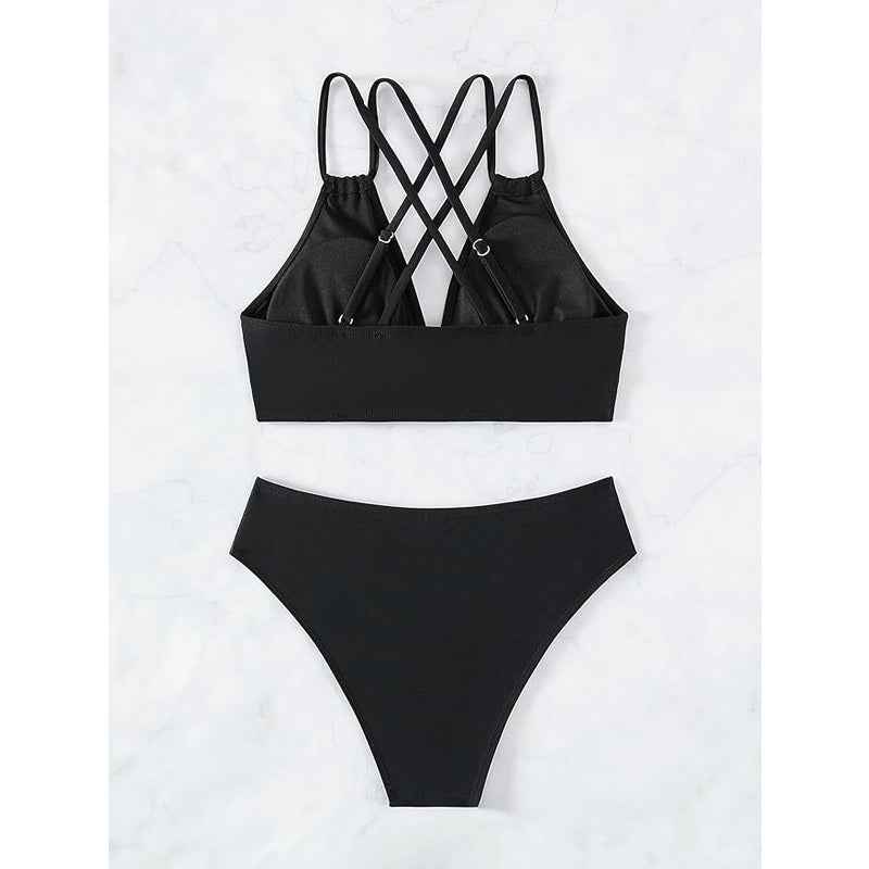 Women's Black Double Strap Bikini Set, Plunge V-Neck Top & High Waist Side Cutout Bottom, 2 Piece Swimsuit
