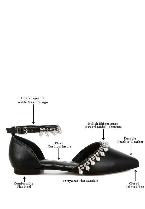 Aouva Rhinestone & Pearl Ankle Strap Flat Sandals