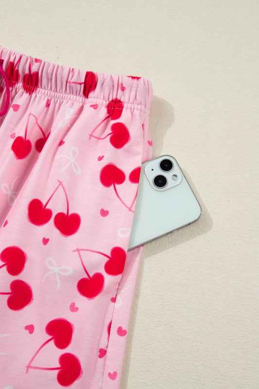 Cherry Bow Tie Top and Shorts Pajama Set