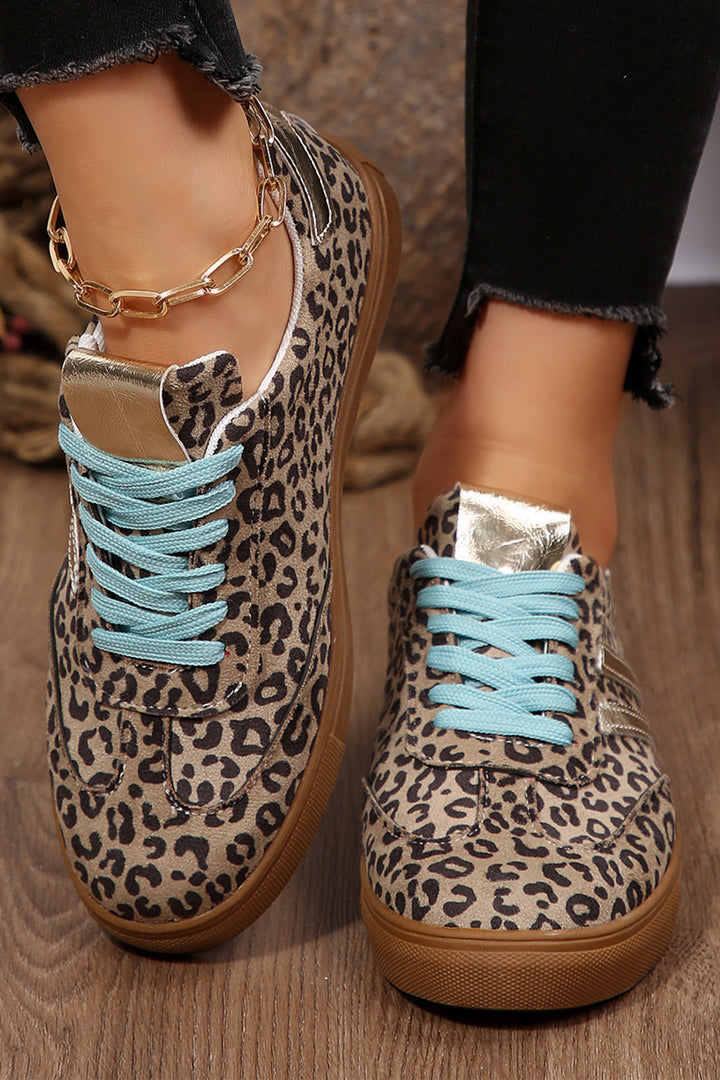 Coffee Faux Suede Leopard Print Sleek PU Leather Detail Lace Up Sneakers Dear-Lover Dropshipping