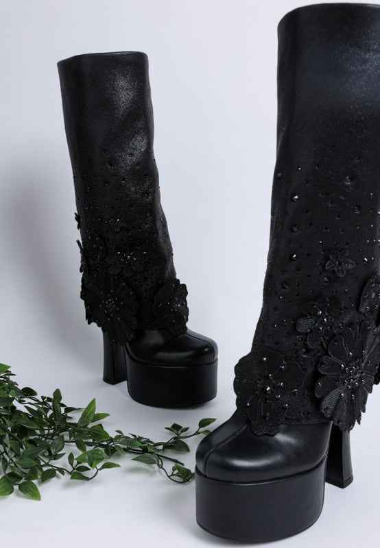 Sundra Floral Applique Platform Heeled Boots