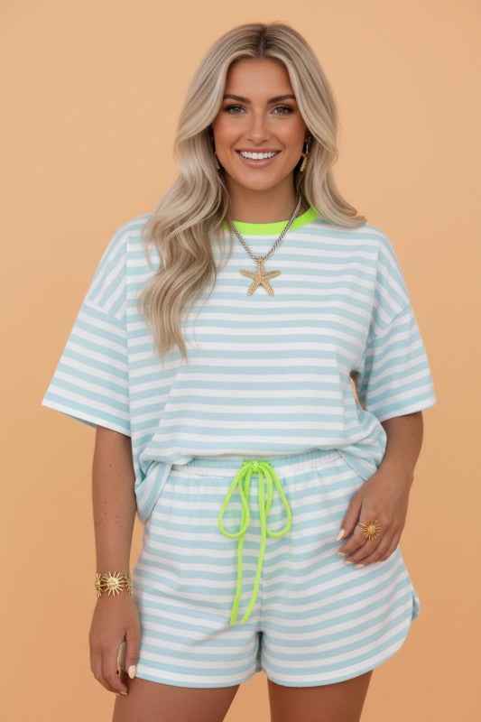 Stripe Neck Loose Tee & Drawstring Shorts Set