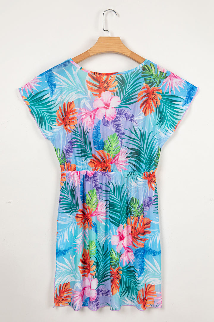 Sky Blue Tropical Print V Neck Semi Sheer Beach Cover Up Dress Dear-Lover Dropshipping
