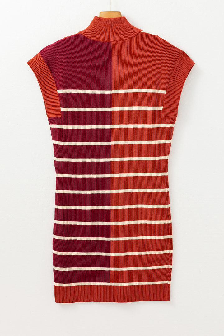 Brown Stripe Color Block Quarter Zip Collar Short Sleeve Sweater Dress Dear-Lover Dropshipping