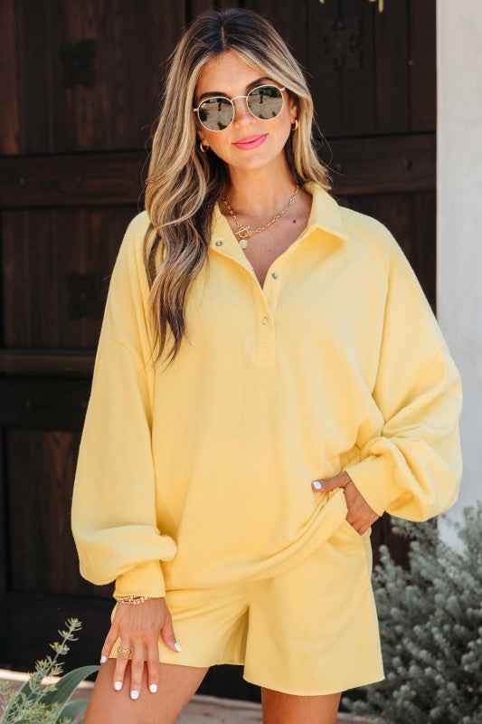 Solid Buttoned Collar Pullover & Shorts Set