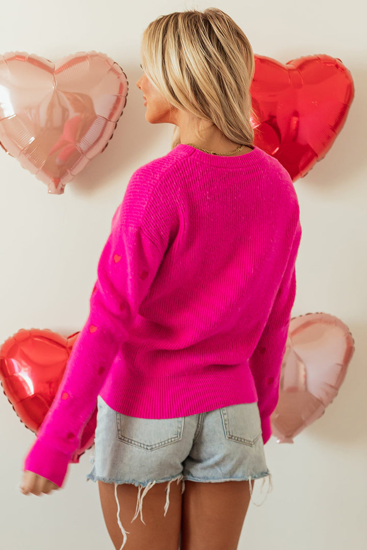 Rose Red Heart Shape Drop Shoulder Round Neck Sweater Dear-Lover Dropshipping