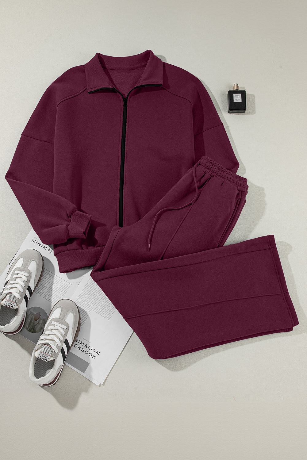 Burgundy Drop Shoulder Zip Up Jacket Drawstring Pants Active 2pcs Set Dear-Lover Dropshipping