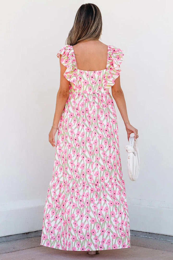 Pink Floral Print Square Neck Ruffled Strap Maxi Dress Dear-Lover Dropshipping