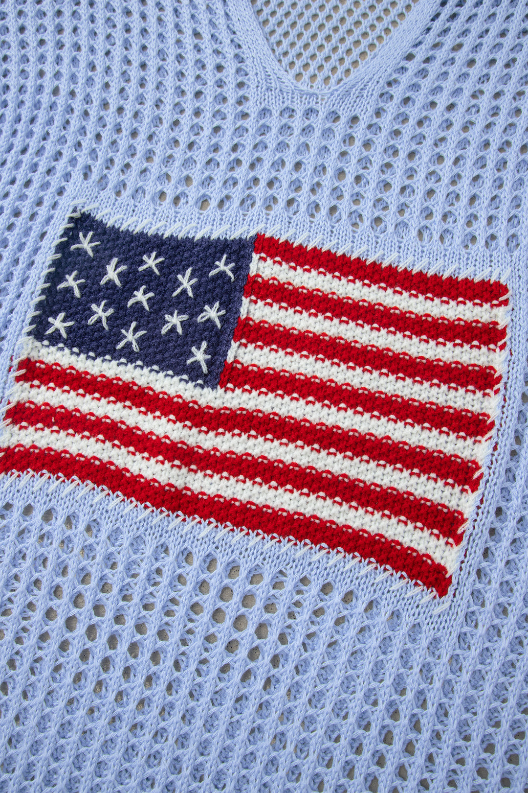 Beau Blue Hollow Out Crochet Knit American Flag Patched Sweater Hoodie Dear-Lover Dropshipping