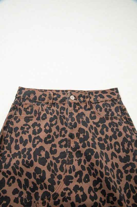 Leopard Denim Frayed Hem Midi Skirt