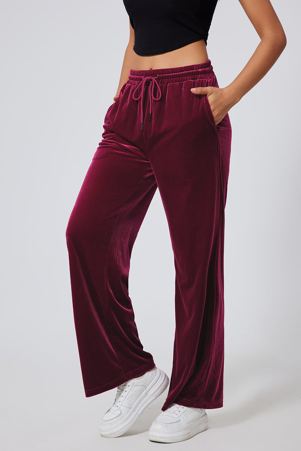 Burgundy Solid Drawstring Waist Wide Leg Pants Dear-Lover Dropshipping