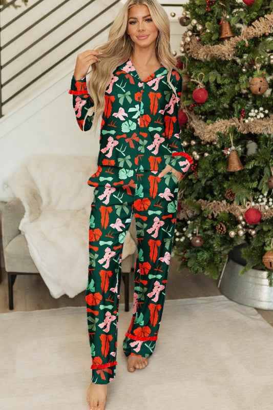 Bow Button-Up Top and Pants Pajama Set