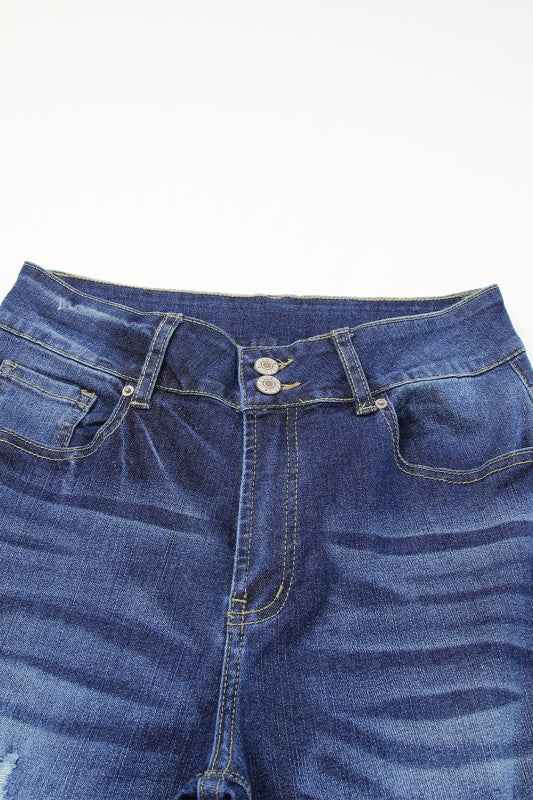 Denim High Waist Distressed Straight Leg Jeans