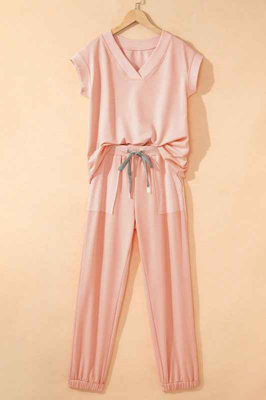 Solid V-Neck Tee & Drawstring Pants Set