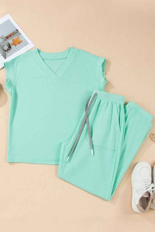 Solid V-Neck Tee & Drawstring Pants Set