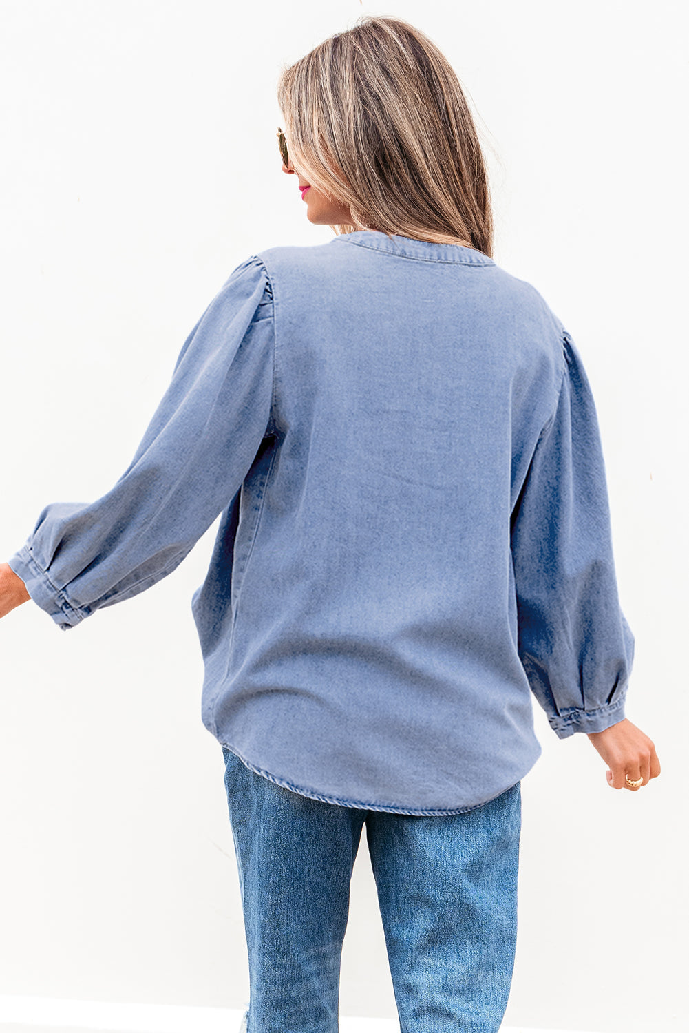 Myosotis Denim Front Pintuck Bow Tie Puff Sleeve Top Dear-Lover Dropshipping