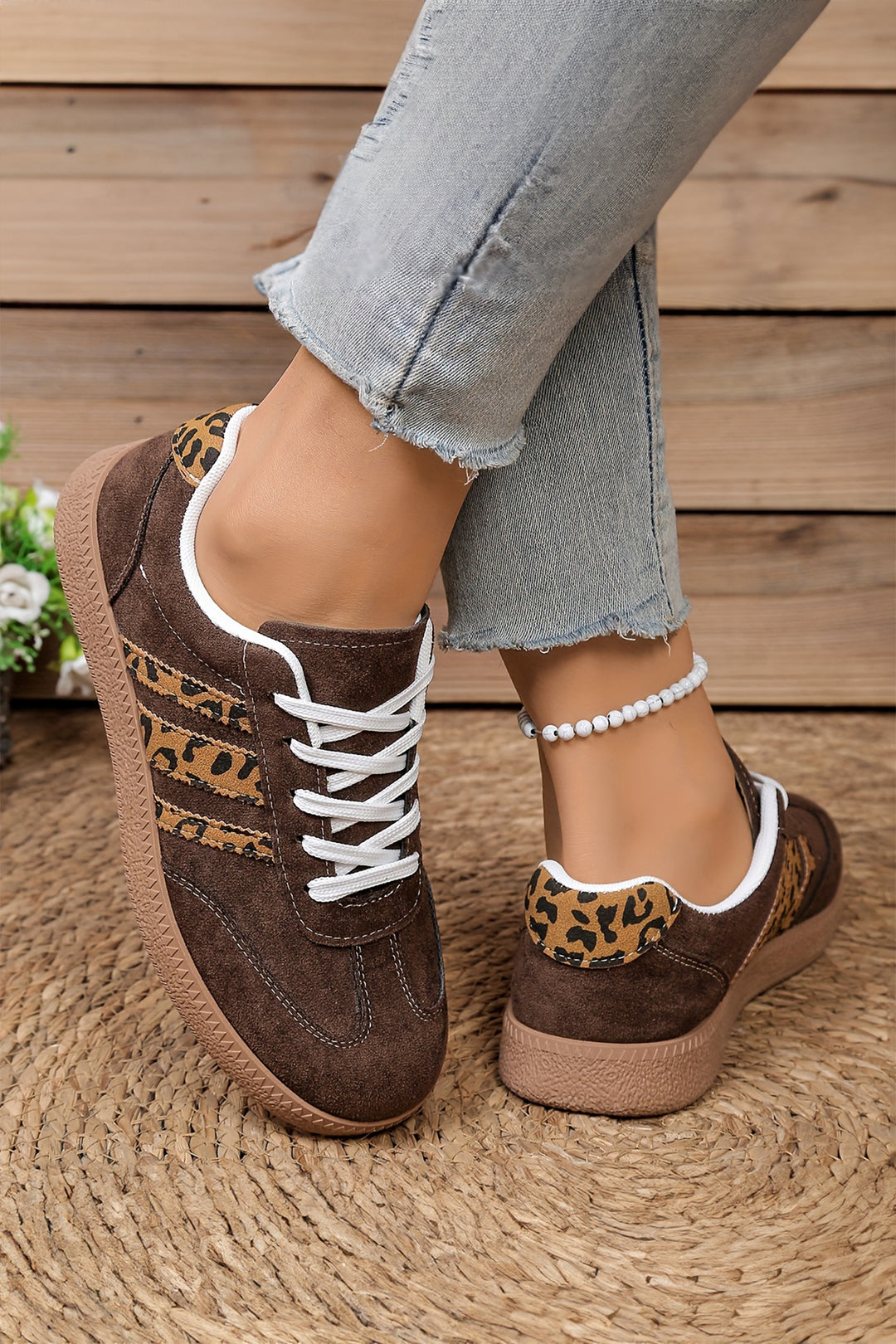 Coffee Contrast Lace-up Leopard Patchwork Detail Faux Suede Shoes Dear-Lover Dropshipping