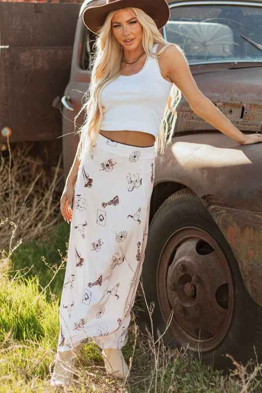 Western Lace Trim High Waist Maxi Skirt