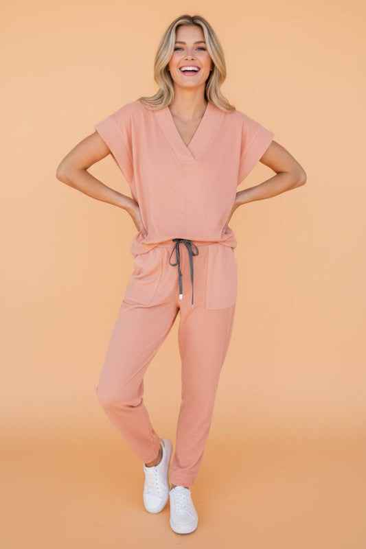 Solid V-Neck Tee & Drawstring Pants Set
