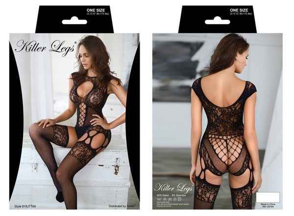 Lace Trim Keyhole Halter Fishnet Bodysuit
