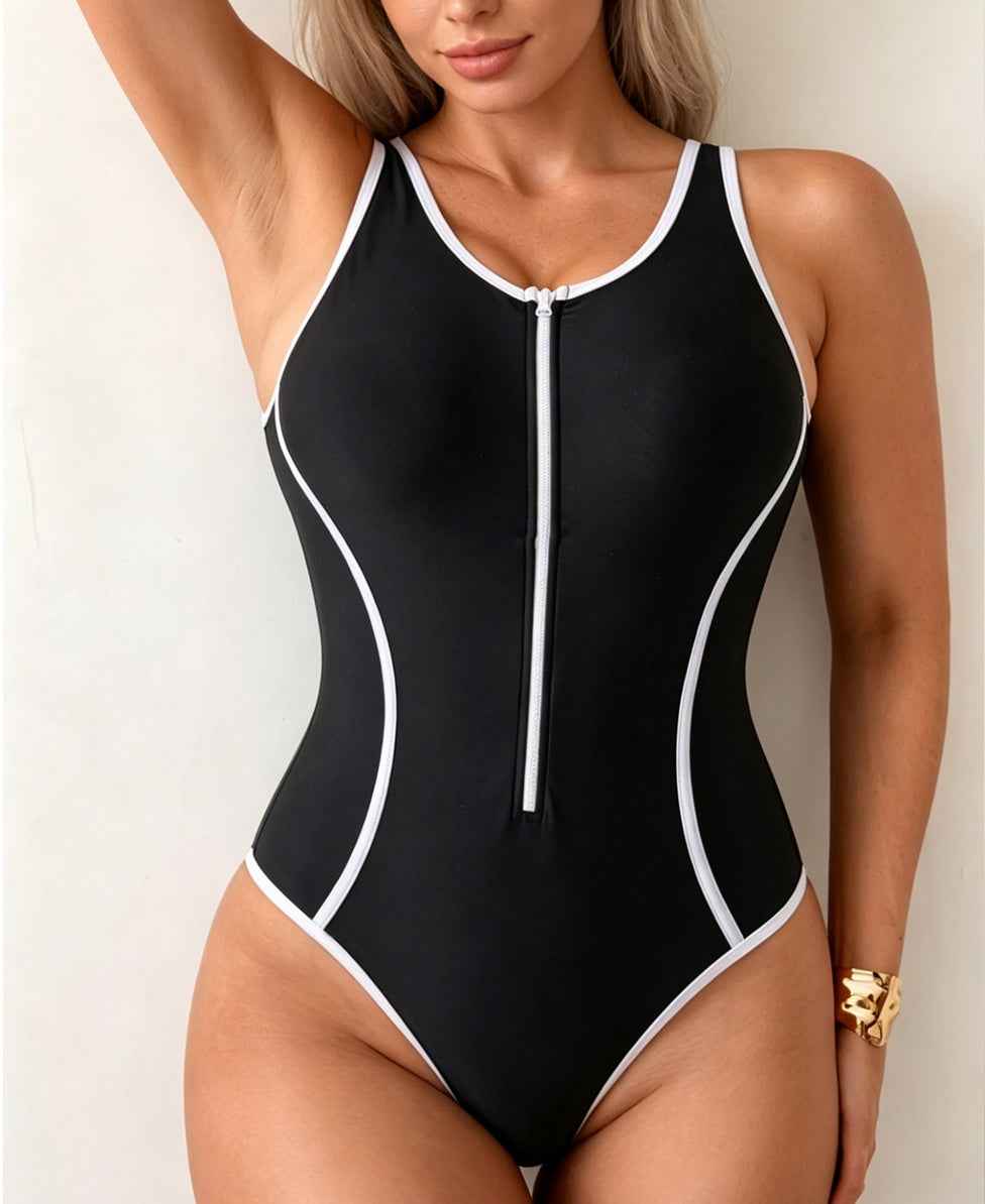 Women's Black One-Piece Swimsuit With White Contrast Trim, Zip-Front Sporty Bathing Suit, Racerback