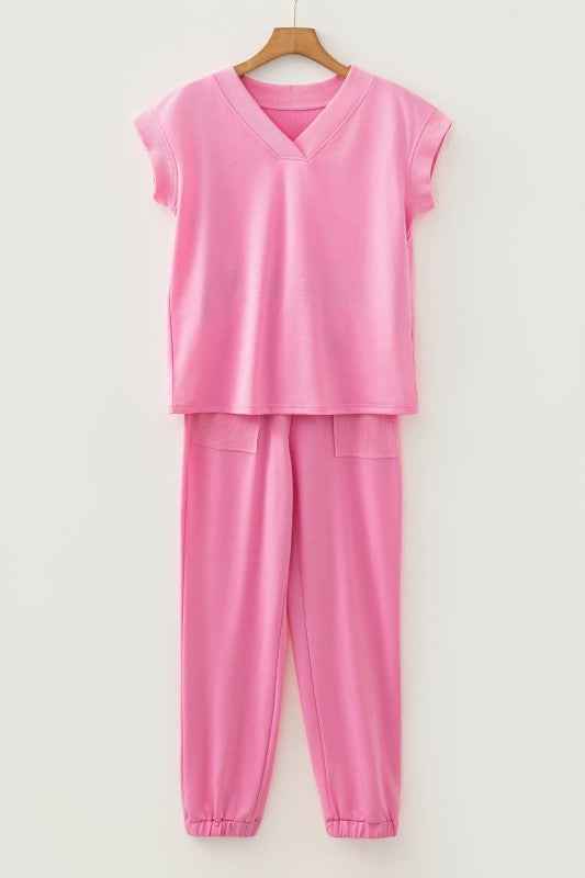 Solid V-Neck Tee & Drawstring Pants Set