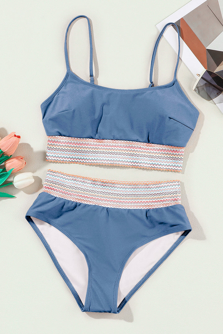 Dusk Blue Colorful Stitch Border Detail 2pcs High Waist Bikini Swimsuit Dear-Lover Dropshipping