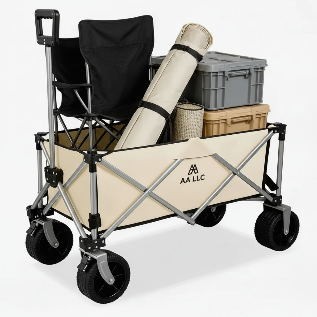 A beige and silver folding utility wagon with black wheels, shown loaded with camping gear including a black chair, a rolled beige mat, and storage bins. The side panel features the brand name &