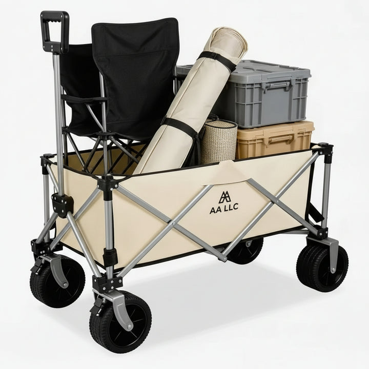 A beige and silver folding utility wagon with black wheels, shown loaded with camping gear including a black chair, a rolled beige mat, and storage bins. The side panel features the brand name &
